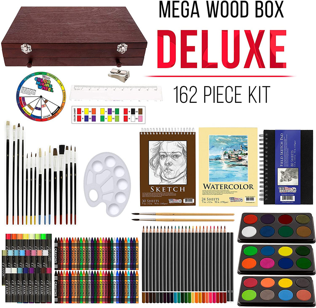 162-Piece Mega Wood Box Artist Kit with Painting, Drawing & Art Supplies for Adults - 24 Each (Watercolors, Oil Pastels, Pencils), 60 Crayons & 2 Brushes - Art Kit for Adults, Gift Set
