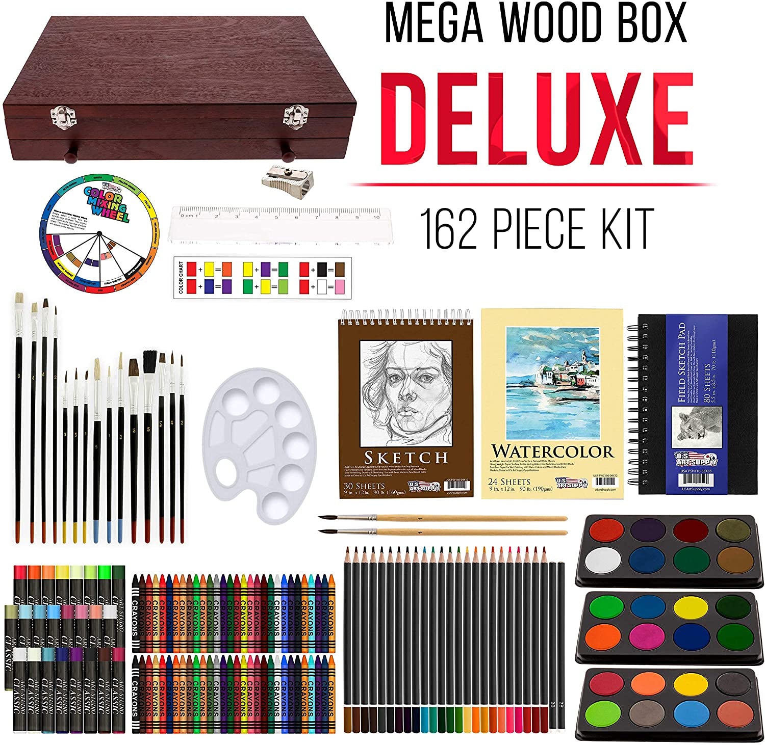 162-Piece Mega Wood Box Artist Kit with Painting, Drawing & Art Supplies for Adults - 24 Each (Watercolors, Oil Pastels, Pencils), 60 Crayons & 2 Brushes - Art Kit for Adults, Gift Set