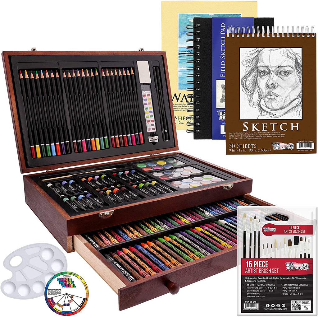 162-Piece Mega Wood Box Artist Kit with Painting, Drawing & Art Supplies for Adults - 24 Each (Watercolors, Oil Pastels, Pencils), 60 Crayons & 2 Brushes - Art Kit for Adults, Gift Set