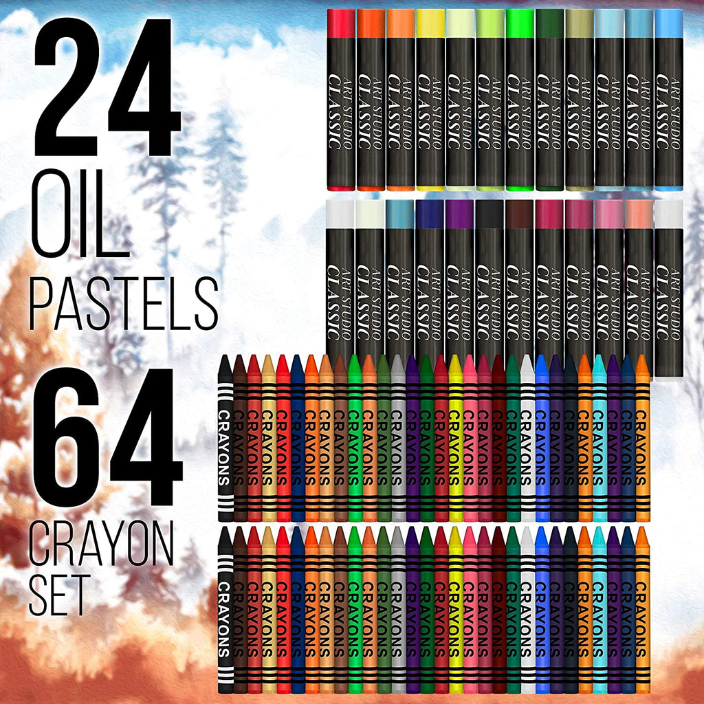 162-Piece Mega Wood Box Artist Kit with Painting, Drawing & Art Supplies for Adults - 24 Each (Watercolors, Oil Pastels, Pencils), 60 Crayons & 2 Brushes - Art Kit for Adults, Gift Set