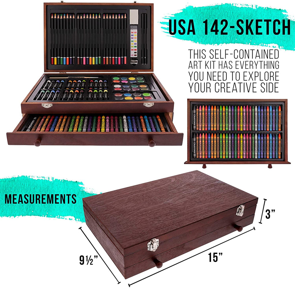 162-Piece Mega Wood Box Artist Kit with Painting, Drawing & Art Supplies for Adults - 24 Each (Watercolors, Oil Pastels, Pencils), 60 Crayons & 2 Brushes - Art Kit for Adults, Gift Set