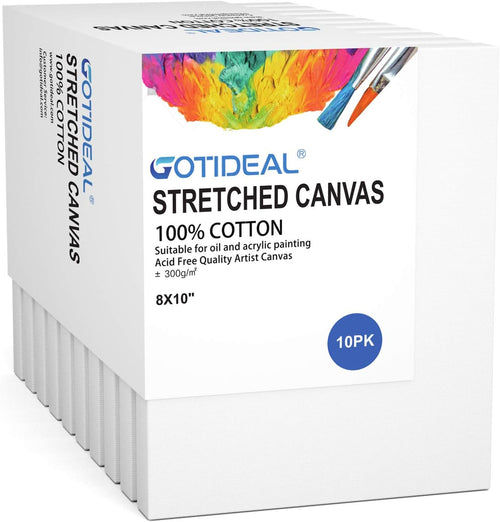 Stretched Canvas, 8X10 Inch Set of 10, Primed White - 100% Cotton Artist Canvas Boards for Painting, Acrylic Pouring, Oil Paint Dry & Wet Art Media