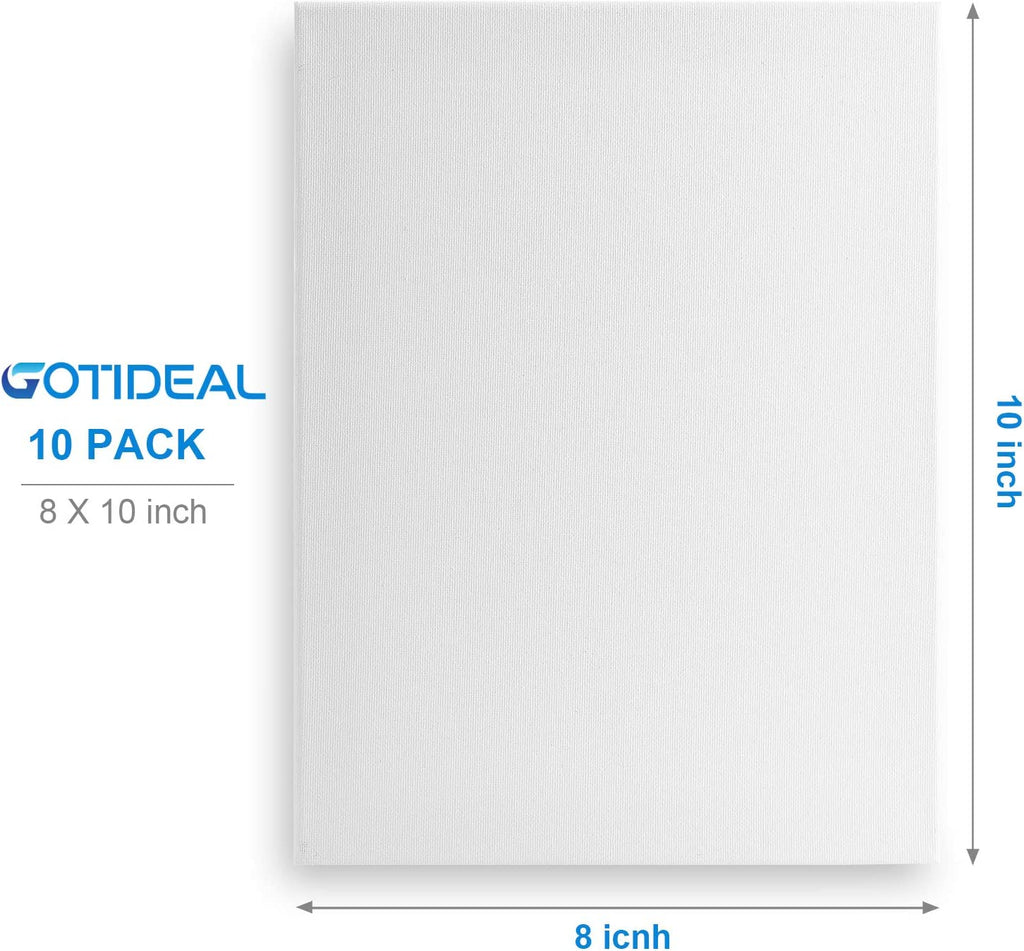 Stretched Canvas, 8X10 Inch Set of 10, Primed White - 100% Cotton Artist Canvas Boards for Painting, Acrylic Pouring, Oil Paint Dry & Wet Art Media