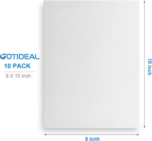 Stretched Canvas, 8X10 Inch Set of 10, Primed White - 100% Cotton Artist Canvas Boards for Painting, Acrylic Pouring, Oil Paint Dry & Wet Art Media